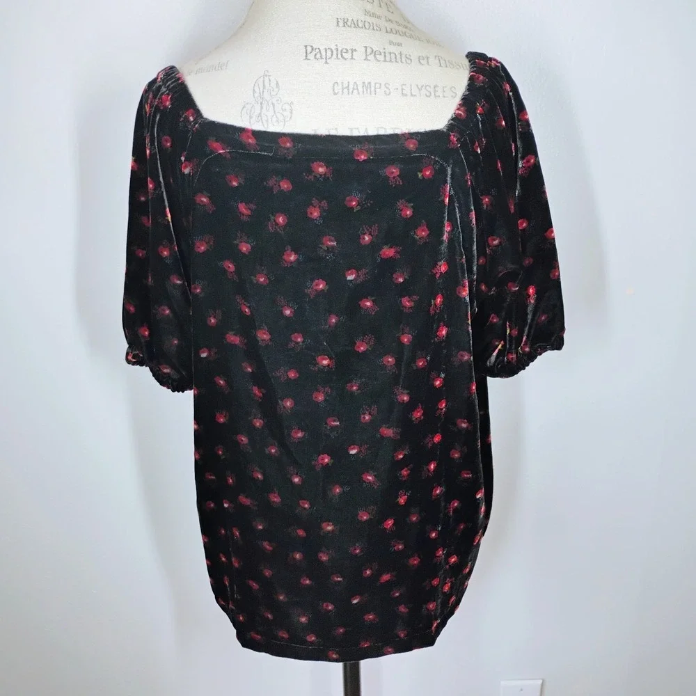 LOFT Floral Velvet Puff Sleeve Top Womens XL Black Red Romantic Peasant Gothic‎